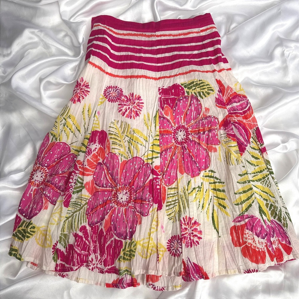 Life Style Petite Women Pink Floral Cotton Sequin Skirt Size PS Striped Waist